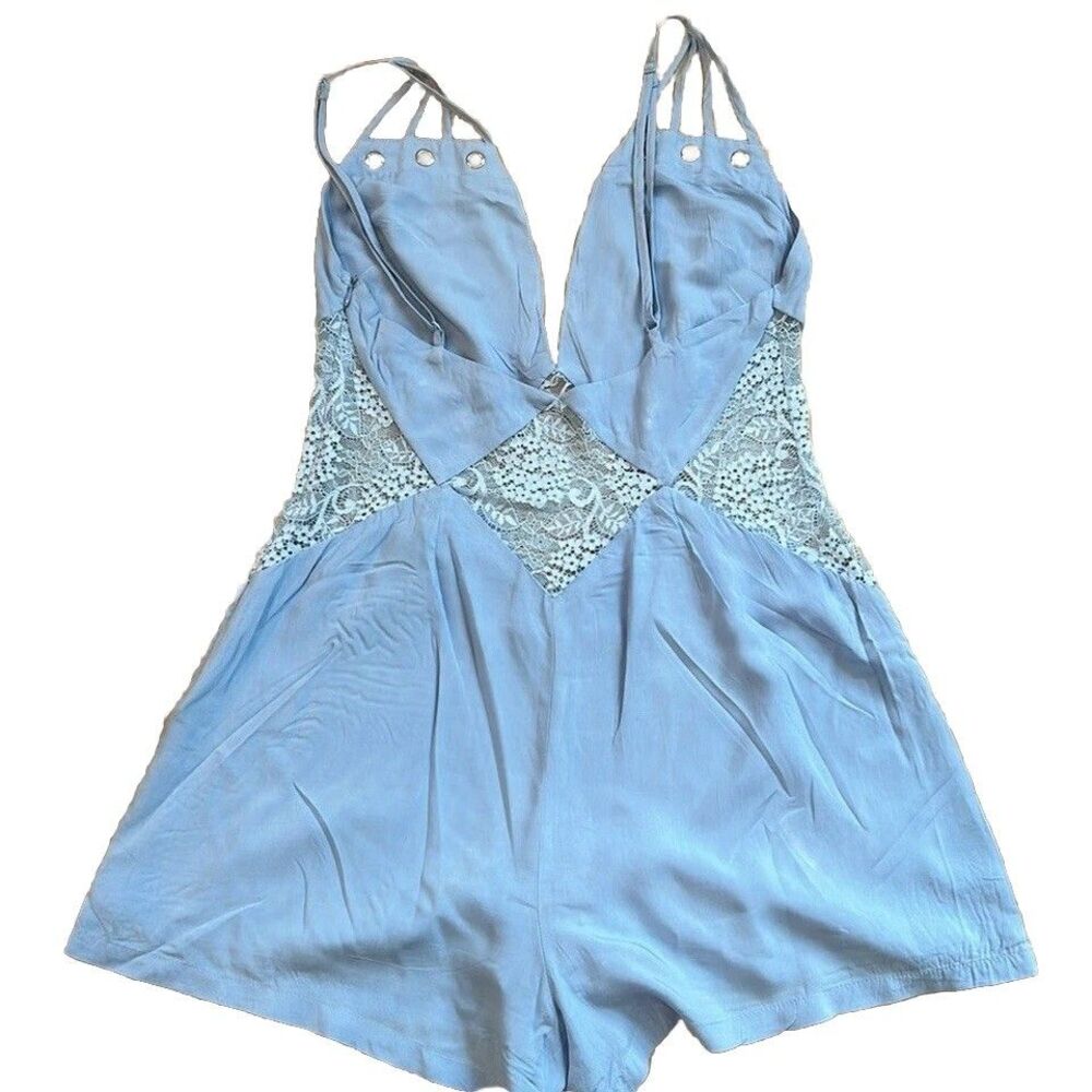 LF Millau Light Blue Lace Insert Romper Sz M Grommet Boho Kentucky Derby Style